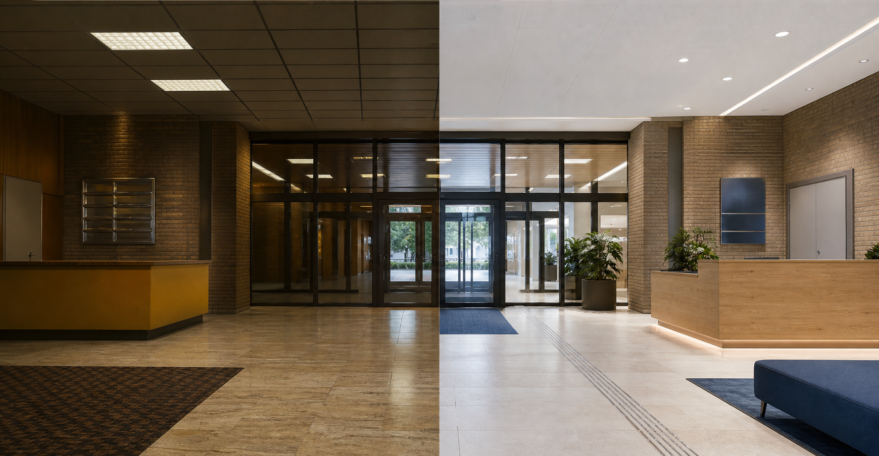 1970s business entrance before and after modernisation