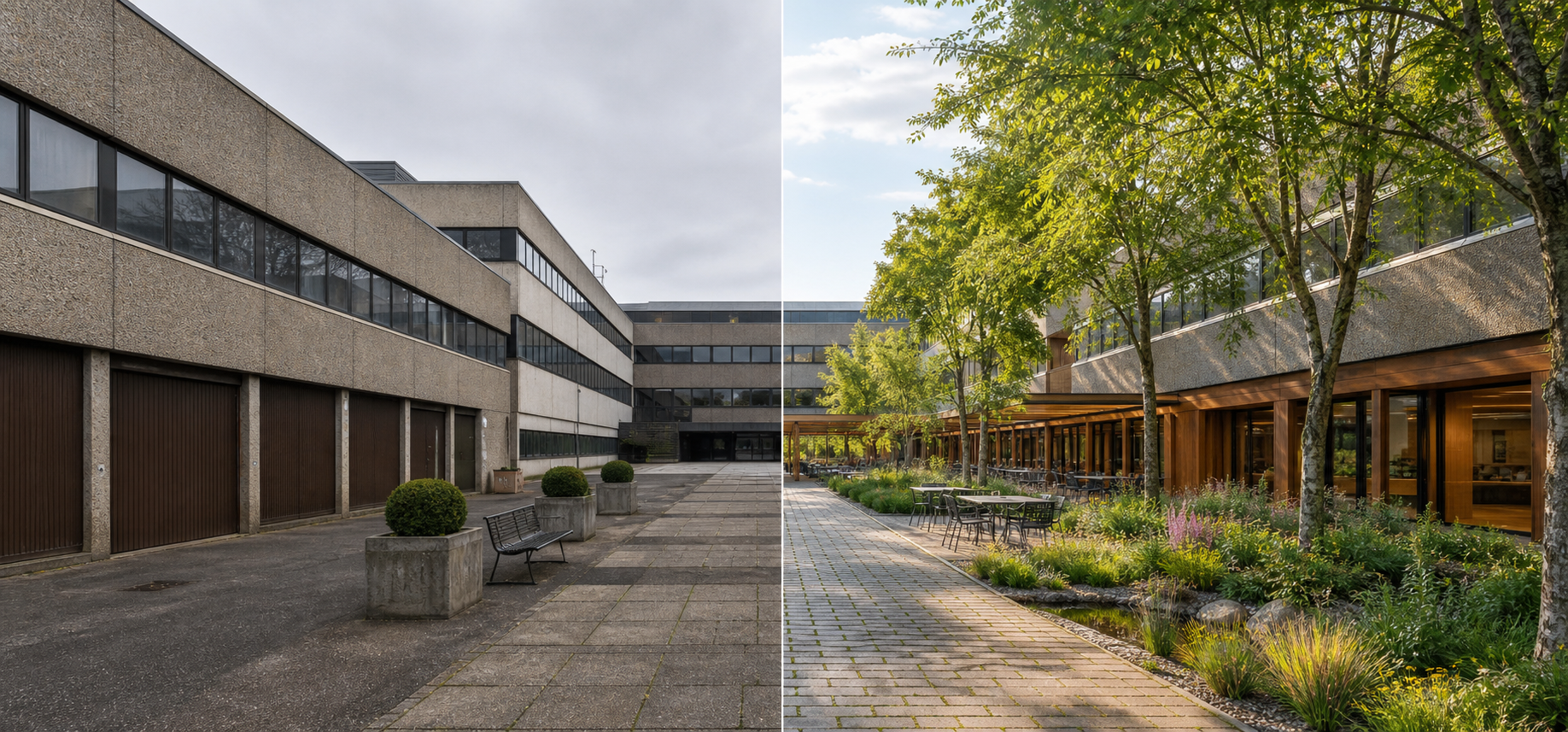 Concrete office courtyard before and after greening