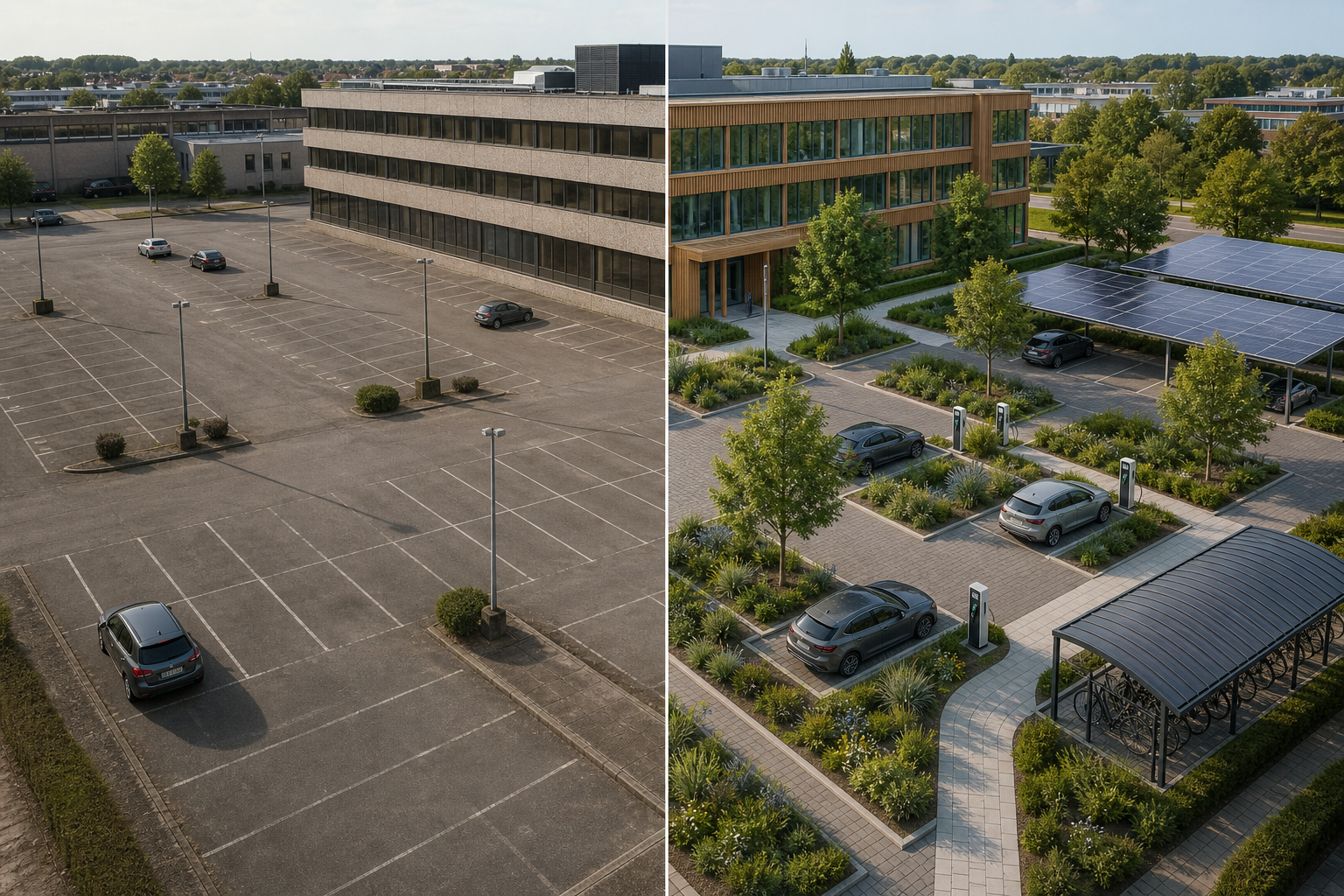 Groot kantoorparkeerterrein vóór en na vergroening met laadpunten